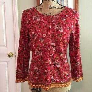 Garnet Hill Merino Wool Eco Red Floral Cardigan